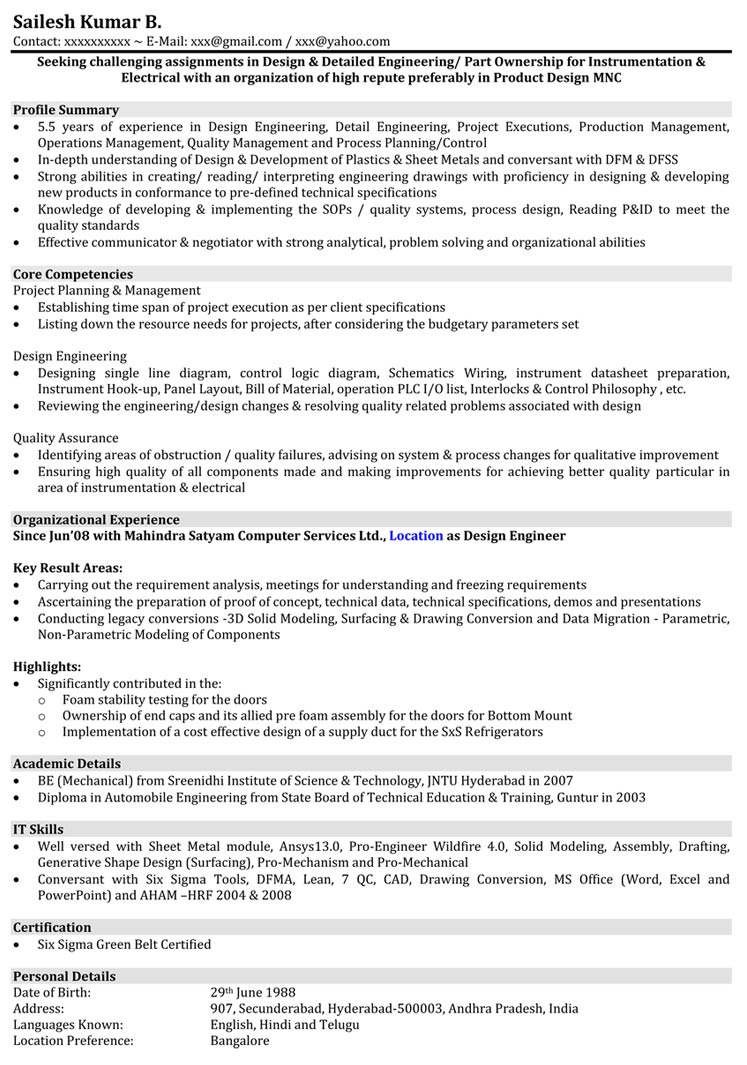 automobile service engineer resume sample pdf