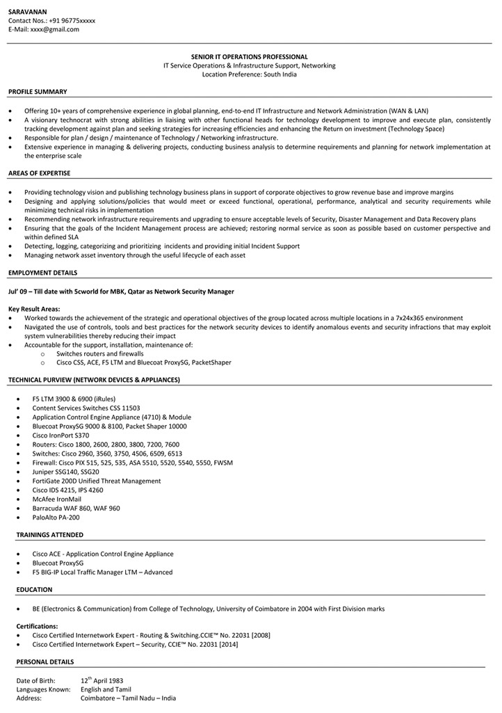 Network Resume Sample